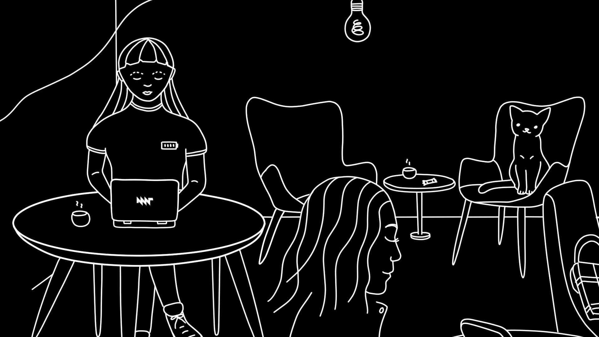 illustration of a cafe with two people using Pocket Reform and a cat sitting on a chair.