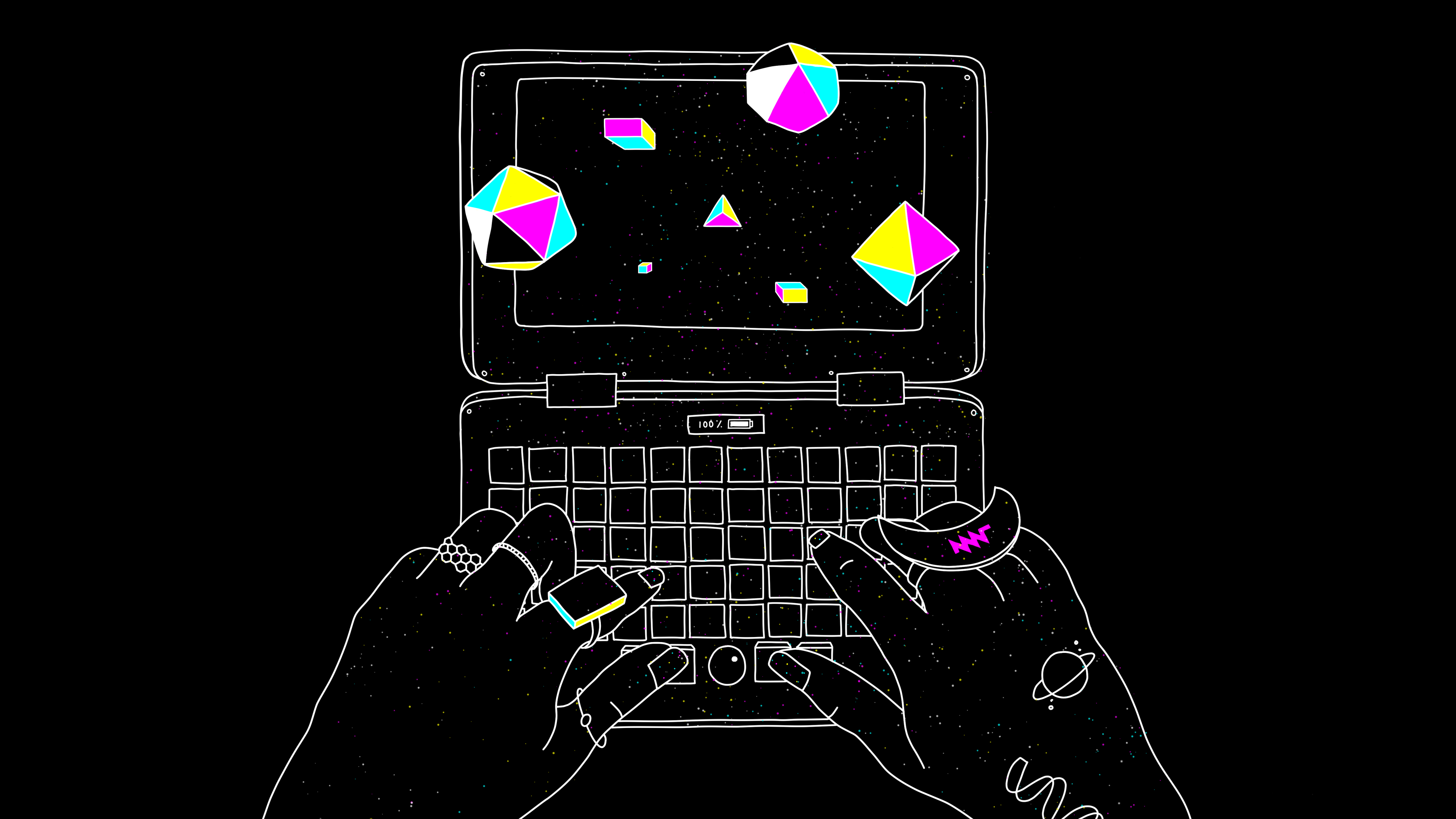 space themed illustration of a magical Pocket Reform(3D shapes are coming out of the screen) with two tattooed hands typing