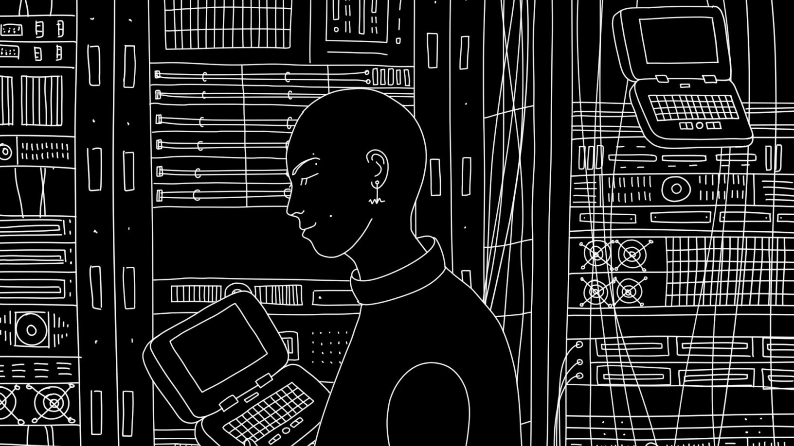 Illustration of a data center with a person holding MNT Pocket Reform. Another Pocket Reform is mounted to a rack.