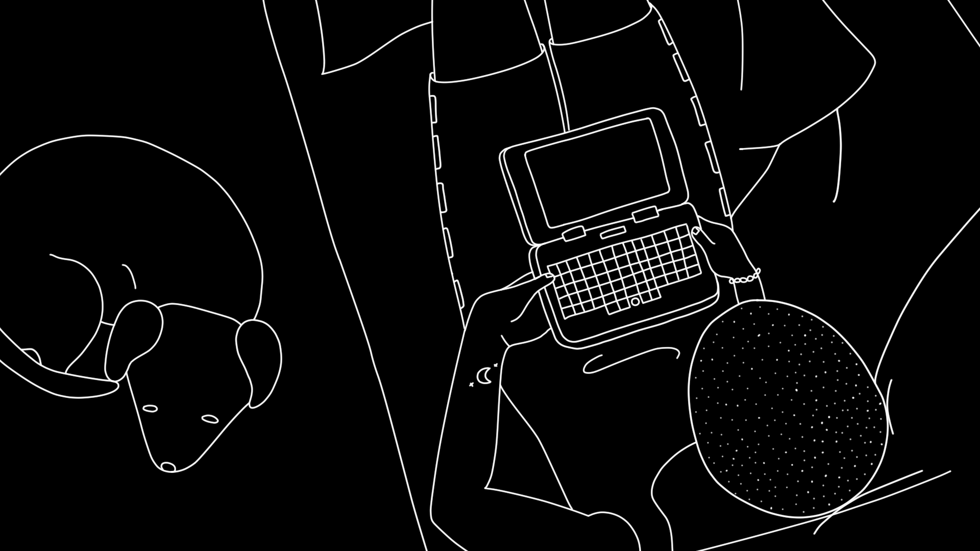 an illustration of a person using MNT Pocket Reform on a sofa with their dog chilling nearby